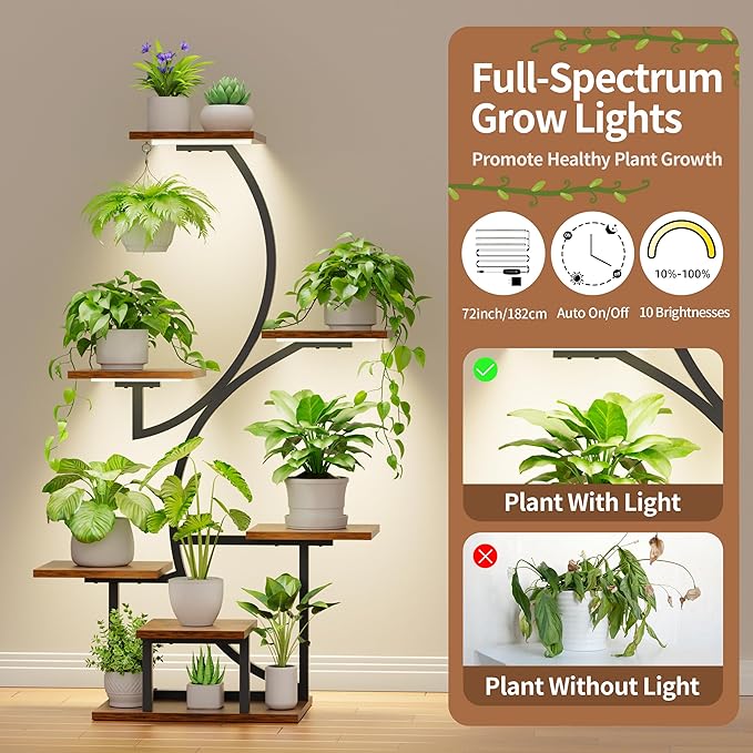 Plant Stand Indoor with Grow Lights, 7 Tiered Plant Shelf Indoor, 44" Corner Plant Stands for Indoor Plants, Tall Plant Flower Display Shelf, S-Shaped Plant Rack for Home, Living Room, Black