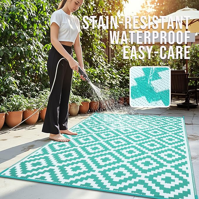 OLANLY Waterproof Outdoor Rug 10x14 ft, Outdoor Plastic Straw Rug for Camping, RV Mat Outside, Outdoor Carpet for Porch, Deck, Backyard, Balcony, Picnic, Turquoise & White