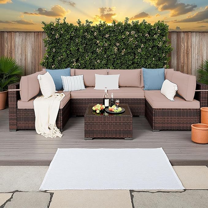Outdoor Replacement Cushions for Patio Furniture,14-Piece Patio Water-Resistant Replacement Sofa Cushions,Fits 6-seat Sectional Rattan Conversation Set,Liner&Cover (Khaki)