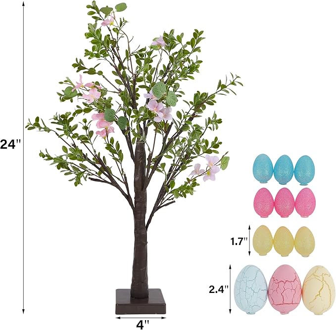 DR.DUDU Easter Decoration Set of 2 Lighted 24 Inch Artificial Tree with Easter Eggs & Colorful LED Lights, Light Up Tabletop Bonsai Tree for Table Home Holiday Spring Decor