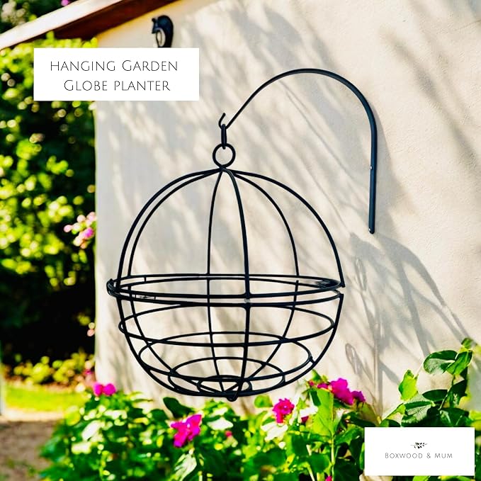 Large Wrought Iron Hanging Globe Planter – Amish Handmade Metal Sphere Plant Hanger for Indoor Outdoor Use – Clamshell Basket Style – Rustic Black Garden Patio Decor for Flowers, Ferns, Lanterns