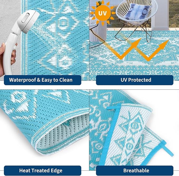 COZYLOOM Waterproof Outdoor Rug for Patio 9x12 Reversible Outdoor Plastic Straw Rug, Vintage Medallion Carpet, RV Mat for Deck, Balcony, Camping, Beach, Picnic, Light Blue and White