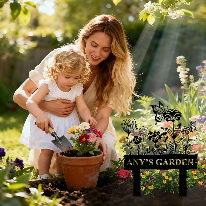 Personalized Metal Garden Sign, Custom Flower Decor with Stake, Butterfly Metal Yard Art, Garden Name Sign,Outdoor Decor,Patio Decoration,Home Present,Gardeners & Planters Gift