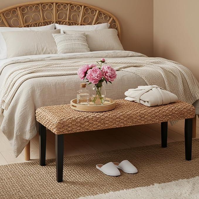 Solid Wood Acacia Indoor Bench with Natural Woven Seat, Boho Bench Entryway, Wood Bench for Living Room, Dining Benches, Wooden Bench for Bedroom, Entryway (Black Leg, Water Hyacinth)