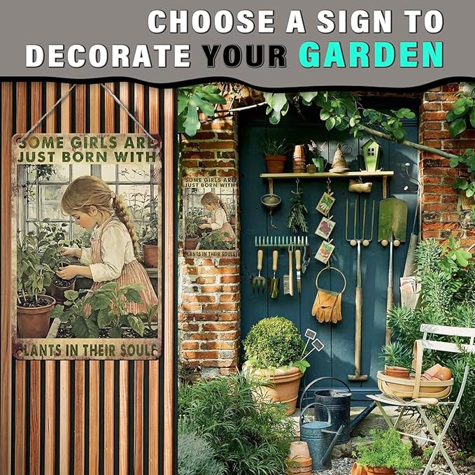 PEACHGARDEN Garden Decor Outdoor Metal Sign Some Girls are Just Born with Plants Retro Poster Tin Sign for Home Planting Room Yard Patio 8x12inch