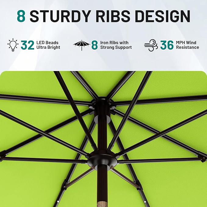 AreShark 9FT Patio Umbrella with Solar Lights, 32 LED Lighted Pool Umbrella w/Tilt and Crank, Outdoor Market Solar Umbrellas for Garden, Deck, Backyard, Pool and Beach, Apple Green