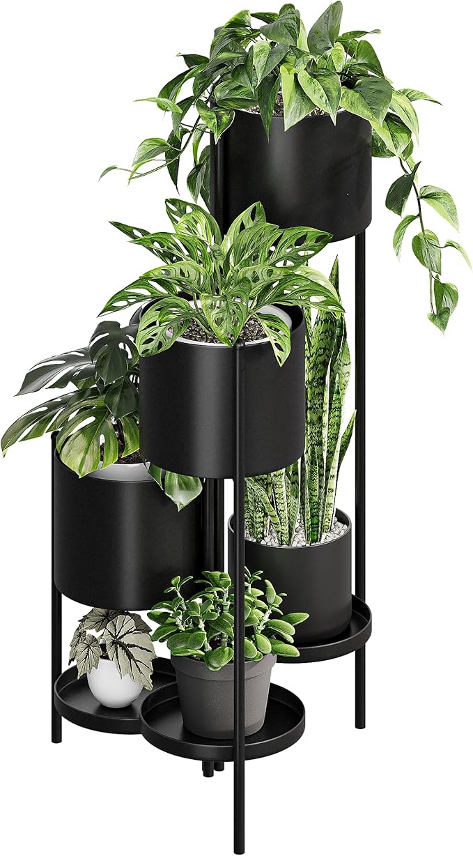 Bamworld Metal Plant Stand Indoor Corner Plant Shelf Outdoor Tall Flower Stands for Multiple Plants for Indoor Plants Garden Living Room Balcony Black