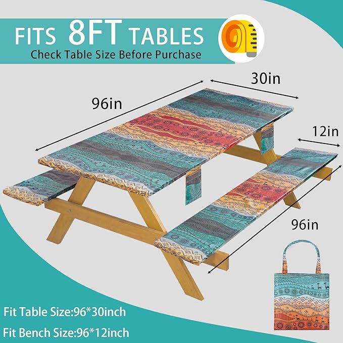 Fitted Waterproof Picnic Table Cover with Bench Covers Heavy Duty Elastic Outdoor Camping Tablecloth for 8 Foot Rectangle Tables Summer Rv Accessories Patio Garden Road Trip Essentials Gifts