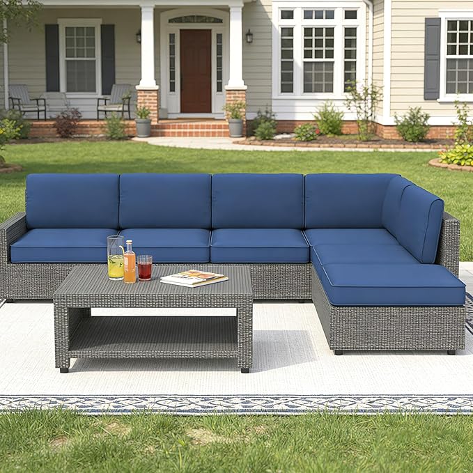 14 Pcs Outdoor Replacement Cushions for Patio Furniture, All Weather Water Resistant Cushion for 6 Seat Rattan Wicker Sectional Patio Conversation Sets and Couch (Light Blue)