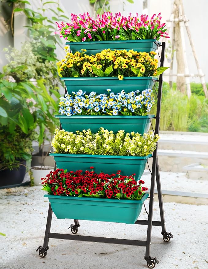 IDZO 5-Tier Vertical Raised Garden Bed with 4 Lockable Caster Wheels, Sturdy Steel Vertical Garden Planter with Efficient Drainage Tray, Ergonomic Ladder Planter with Included Garden Tools, Green