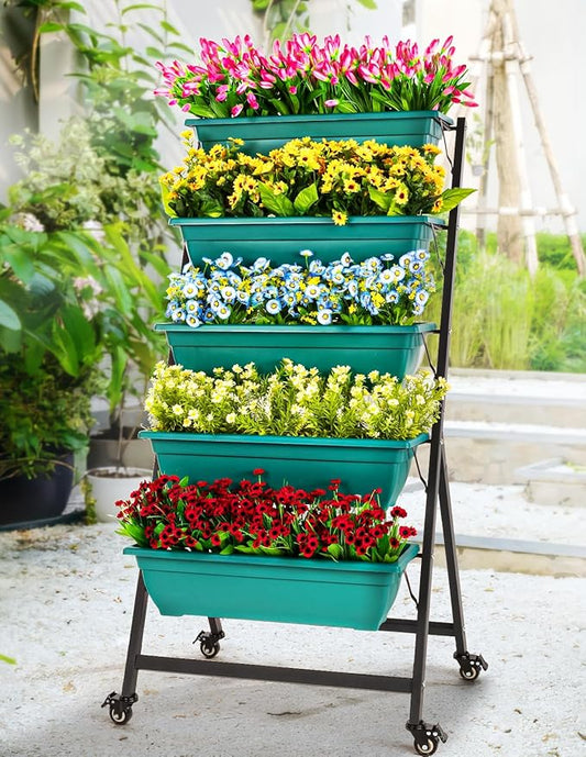IDZO 5-Tier Vertical Raised Garden Bed with 4 Lockable Caster Wheels, Sturdy Steel Vertical Garden Planter with Efficient Drainage Tray, Ergonomic Ladder Planter with Included Garden Tools, Green