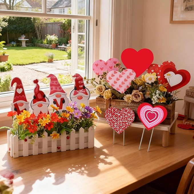 Bucherry 12 Pcs Valentine's Day Love Gnome and Heart Shape Planter Stakes Valentines Day Decorative Garden Yard Stakes Valentines Flower Pots Signs for Home Anniversary Party Outdoor Lawn Decor