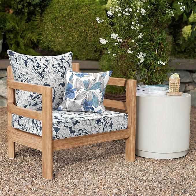 Outdoor Deep Seat Cushion Set, Water Repellent 24"x24" Patio Thick Cushions Replacement with Seat & Back Pillow for Patio Sofa, Wicker Chair, Couch - Damask Lapis