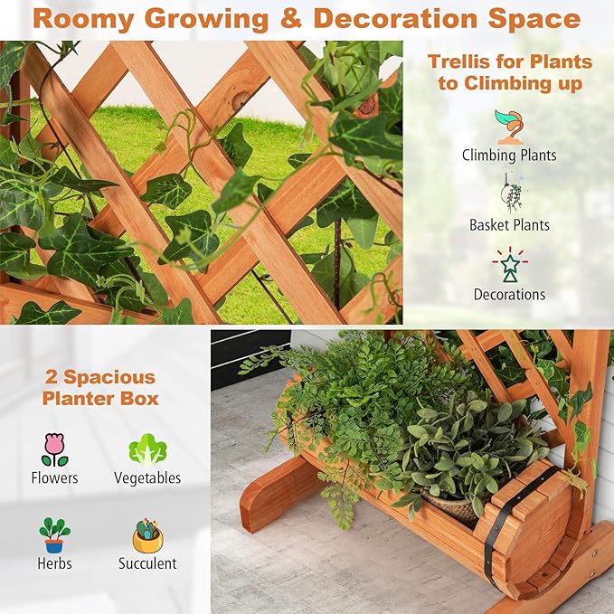 S AFSTAR Raised Garden Bed with Trellis, Outdoor Wood Garden Planter W/ 2-Tier Round Planter Box & Trellis for Vine Climbing Plants Growing, Vertical Plant Container for Garden Patio Balcony, Orange