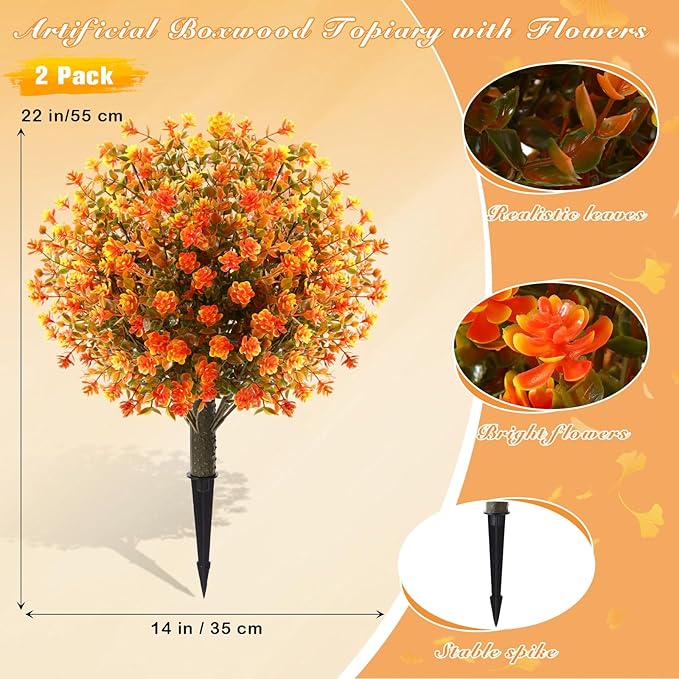 Yunlly 2 Pcs Outdoor Artificial Topiary Ball Trees 22" with Colorful Flowers, Boxwood Fake Bushes Shrubs with Spike, UV Resistant Evergreen Plants for Front Porch Garden Decor (Fall Orangegreen)