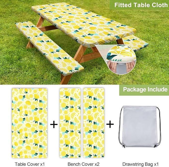 Picnic Table Cover with Bench Covers 6FT 3 Pcs Waterproof Windproof Aesthetic Camping Tablecloth with Drawstring Bag, Fitted for 6 Foot Rectangle Tables and Seats, 72 inch, Yellow Lemon
