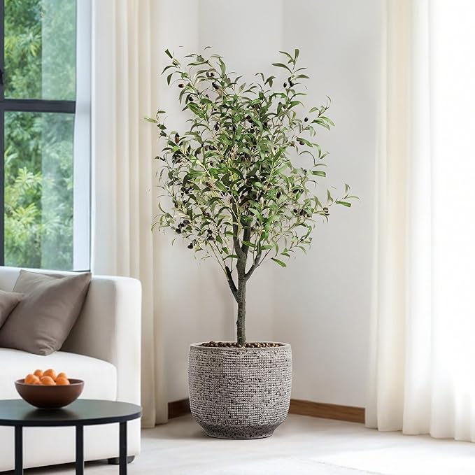 LuxenHome 15.5" Dia Round Ceramic Large Plant Pot for Outdoor Plants, Gray Grid-Pattern Glazed Ceramic Outdoor Planter Pot with Drainage Hole and Rubber Plug, Indoor Flower Pots for Home Garden Patio
