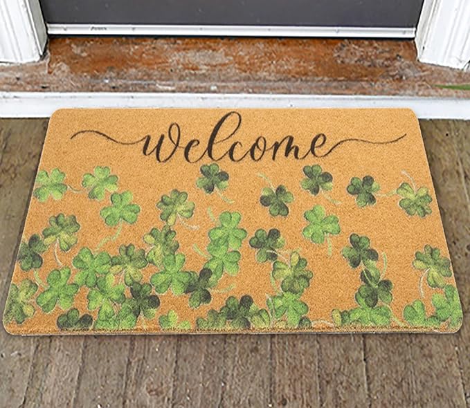 Lucky Clover Welcome Door Mat Outside Entrance, Faux-Coir Green Shamrock Thin Doormat, St. Patricks Day Decoration Outdoor Porch-Rug 17"X30" Non-Slip Dirt-Trapping for Home Garden Farm Spring Decor