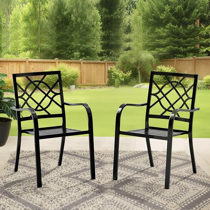 Crownland Patio Wrought Iron Dining Chairs Set of 2, Outdoor Bistro Stackable Metal Chairs with Armrests for Garden, Poolside, Backyard (Black)