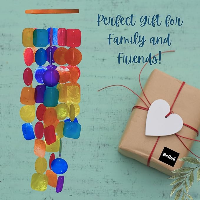 Bellaa Handmade Wind Chimes Outdoor, Musical, Garden Decorations, Outside Windchimes, Beach, Ocean, Breeze, Gifts for Mom, Capiz Sea Glass Shells Wood Rainbow