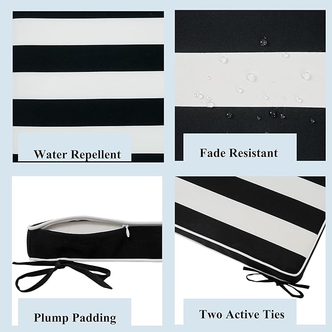 FUNHOME Indoor/Outdoor Chair Cushions Set of 2, 18 x 18 x 2.5 Inch Square Corner Outdoor Cushions for Patio Furniture,2 Packs Patio Chair Cushions with Ties-Black White Stripe