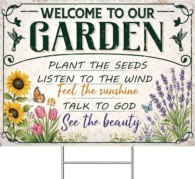 Funny Garden Sign with H Stake 24"x18" Large Vintage Sign for Outside Greenhouse Corrugated Plastic Yard Decor Gardening Gifts for Women " WELCOME TO OUR GARDEN"