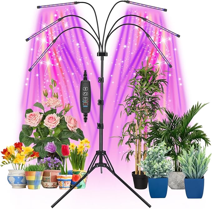 Grow Lights for Indoor Plants, LED Grow Light Stand, Red Blue Yellow Full Spectrum Plant Lamp with Adjustable Tripod, Color Changing Dimmable Vegetative Lamp with Auto On Off Timer (Type A)