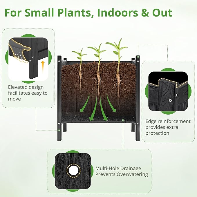 LUE BONA Outdoor Plant Pots Set of 2, 13.7" x 12.5" x 14.5" Flower Pots with Drainage Holes, Outdoor Planter Box for Outdoor Plants - Porch Patio, Garden or Entryway, Black