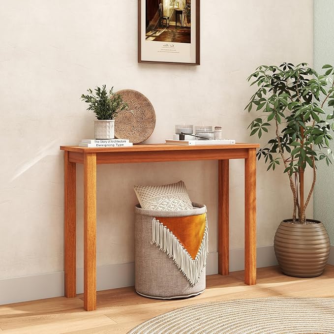 Tangkula Narrow Outdoor Dining Table, Solid Wood Furniture Patio Console Table with Slatted Tabletop, Wooden Buffet Bar Plant Stand for Garden Deck Entryway Porch Balcony