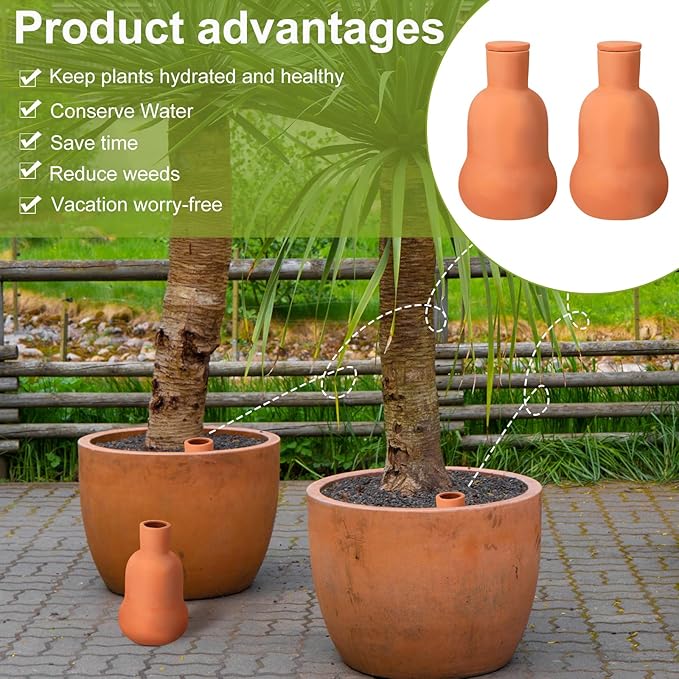 2 Pcs Olla Terracotta Watering Pot with Lid Large15 oz Terra Cotta Self Watering Pots for Indoor Outdoor Plants Self Irrigate Spikes Ceramic Plant Waterer Set (Cute)