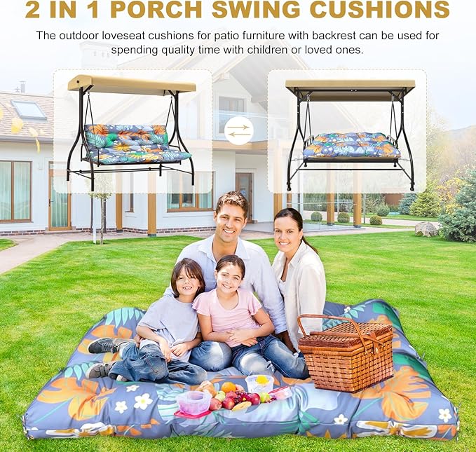 60" Porch Swing Cushion with Backrest, Waterproof Outdoor Bench Swing Cushions 3 Seater Replacement Thickened Swing Cushions with Ties for Patio Garden Backyard,Flower,60x40in