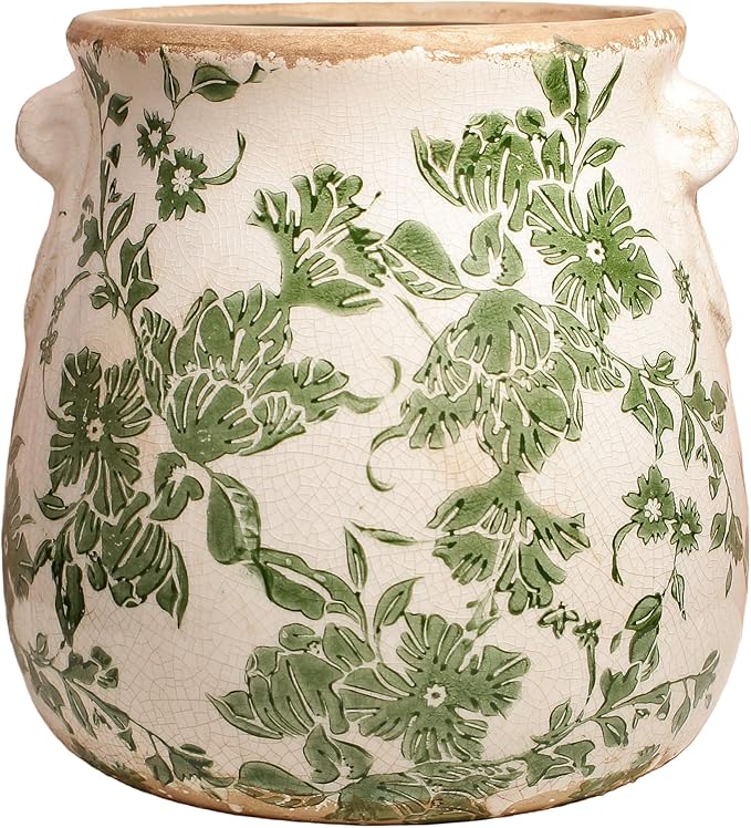 Ceramic Flower Vase Home Decor, Farmhouse Cottagecore Vases & Planting Pots with Drainage, English Cottage Kitchen Dining Table Decorations for House Living Room Bookshelf, Green