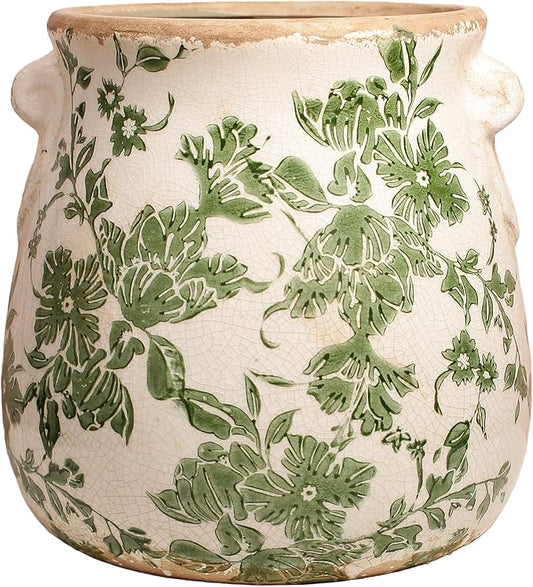 Ceramic Flower Vase Home Decor, Farmhouse Cottagecore Vases & Planting Pots with Drainage, English Cottage Kitchen Dining Table Decorations for House Living Room Bookshelf, Green