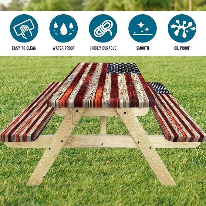 Picnic Table Cover with Bench Covers Elastic Edges, American Flag Wooden Camper Fitted Table Cover, Outdoor Camping Essentials, Waterproof Camping Fitted Tablecloth with Drawstring Bag, 60In 3PCS