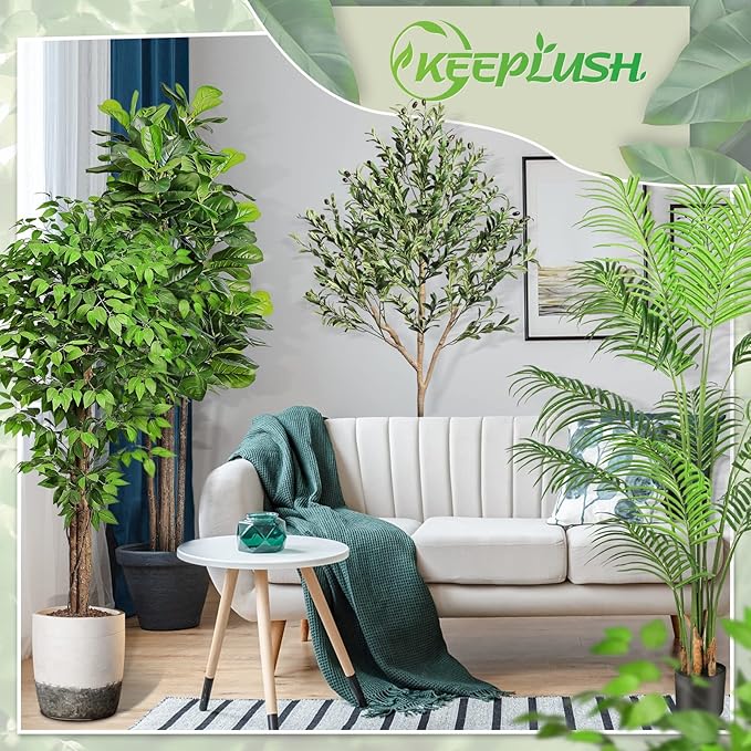 7ft Large Ficus Artificial Trees with Natural Curved Trunks, 84" Tall Lush Faux Tree for Home Decor Indoor, Green Lifelike Fake Ficus Tree Artificial Plants in Pot（Set of 2）