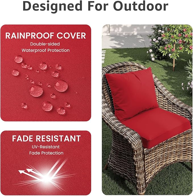 Outdoor Seat Cushion Set 24 x 24 x 4 Inch, Waterproof & Fade Resistant Patio Furniture Cushions with Removable Cover and Ties, Thick Deep Seating Pads for Outside Chair Sofa Couch, Red