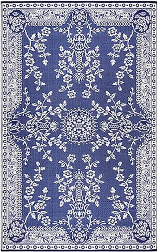 Mad Mats Garland Blue & White Outdoor Rug – Reversible Plastic Mat (8 × 10 ft) – UV‑Resistant, Water‑Repellent & Easy‑Clean – Eco‑Friendly Recycled Patio/Deck Carpet