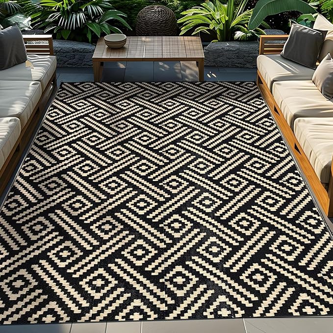 Outdoor Rugs for Patio Furniture, Balcony Rugs Outdoor Apartment 4x6, Washable and Stainproof Outdoor Rug for Small Patio Balcony 3x5 Geometric Outside Carpet Picnic Camping Mat