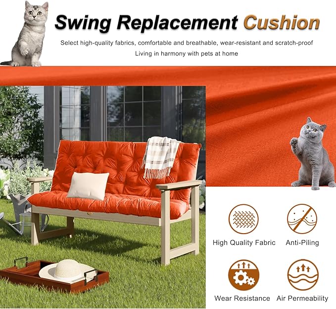 2-3 Seat Swing Replacement Cushion, Outdoor Bench Cushions with Backrest Thicken 4", Patio Furniture Garden Porch Loveseat Glider Pad Anti-Fading Waterproof (Orange, 40x40in)