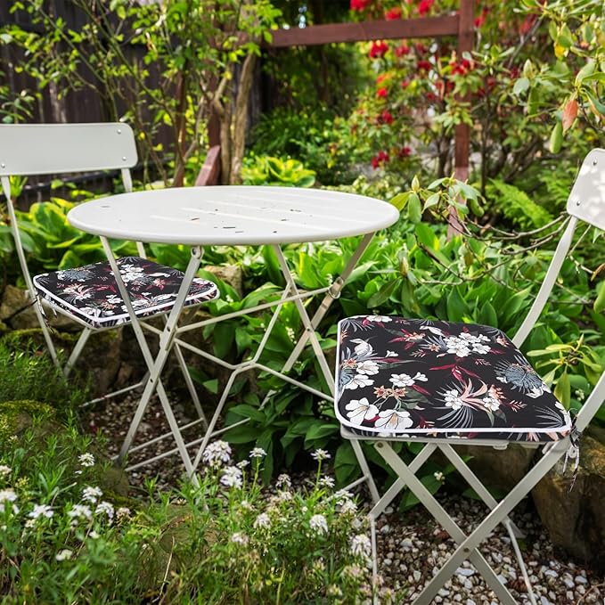 GUEGLSA Outdoor Indoor Waterproof Seat Cushions,16x16 Inches Patio Chair Cushion with Ties,Machine Washable Seat Pad for Home Garden Kitchen Dining Office Chair,Set of 2, White Flower