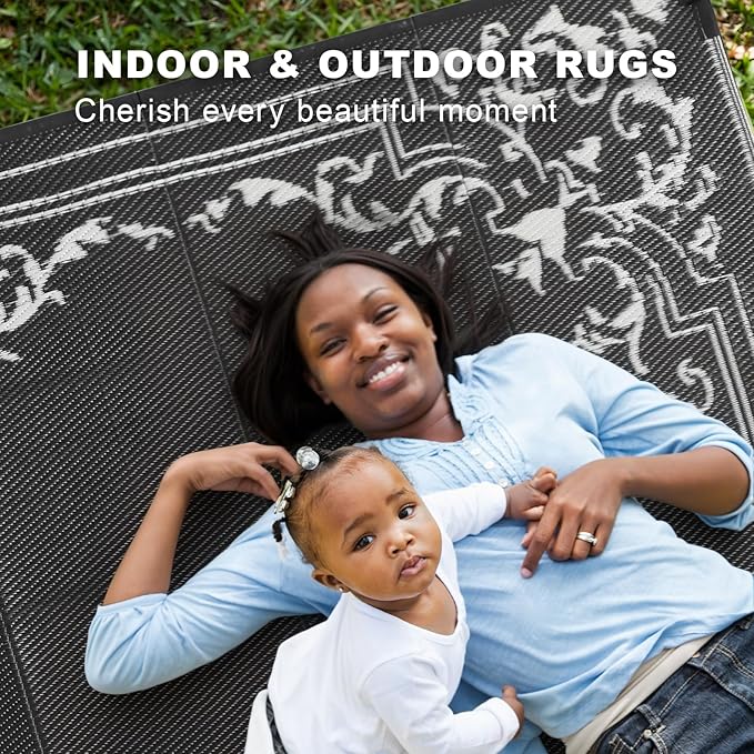 wikiwiki Outdoor Rug, 8x10ft Waterproof Reversible Mat Indoor Outdoor Rugs Carpet, Small Area Rug Plastic Straw Rug for Patio Deck Balcony Pool RV Camping Beach Picnic, Classic Black, Rugscape Series