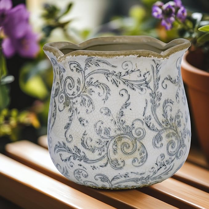 Rustic Ceramic Planter, 6 Inch Tuscan Vintage Flower Pot with Drainage, Farmhouse Garden Pot for Indoor Plants, Kitchen & Garden Tuscan Decor, Plant Lover Gift (Grey)