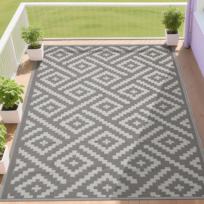 RURALITY Outdoor Rugs 9x12 Feet for Patios Clearance,Plastic Straw Waterproof Mats for RV,Backyard,Porch,Deck,Balcony,Coffee&Beige
