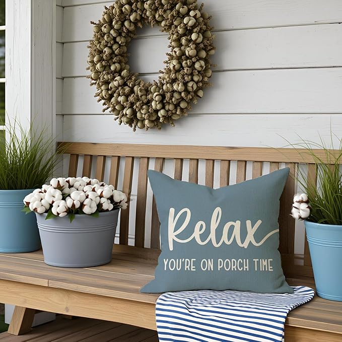PANDICORN Decorative Throw Pillow Covers 18x18 Inch Relax Porch Time Dusty Blue Outdoor Rustic Farmhouse Decorative Throw Pillow Cases Decorations for Patio Sofa Couch Decor