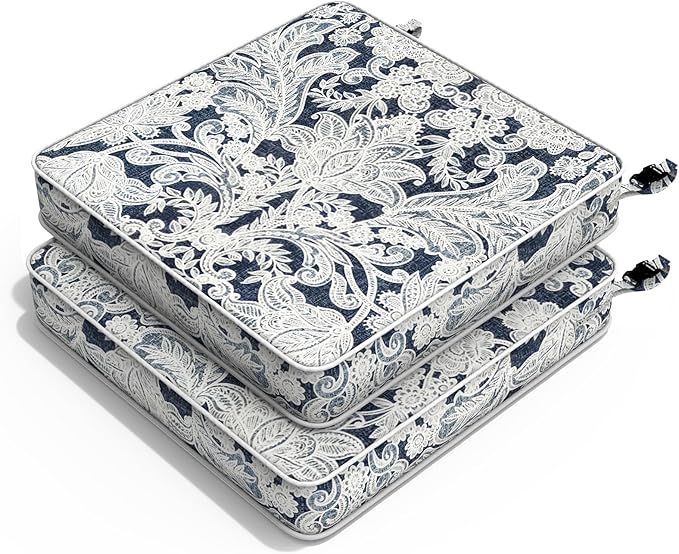 Outdoor Chair Cushions 22x22x3 Inch, Patio Seat Cushion Furniture Swing Set of 2, Water Repellent Chairs Wicker Cushion Pads with Couch Sofa in Garden, Damask Lapis