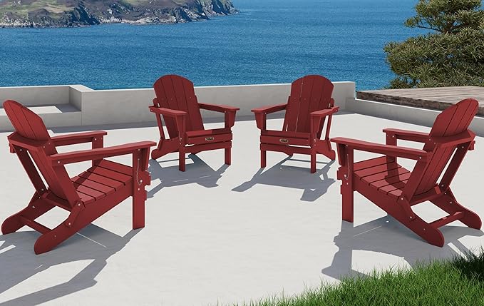SERWALL Folding Adirondack Chair Outdoor Adirondack Chairs Weather Resistant Fire Pit Chairs for Patio - Red