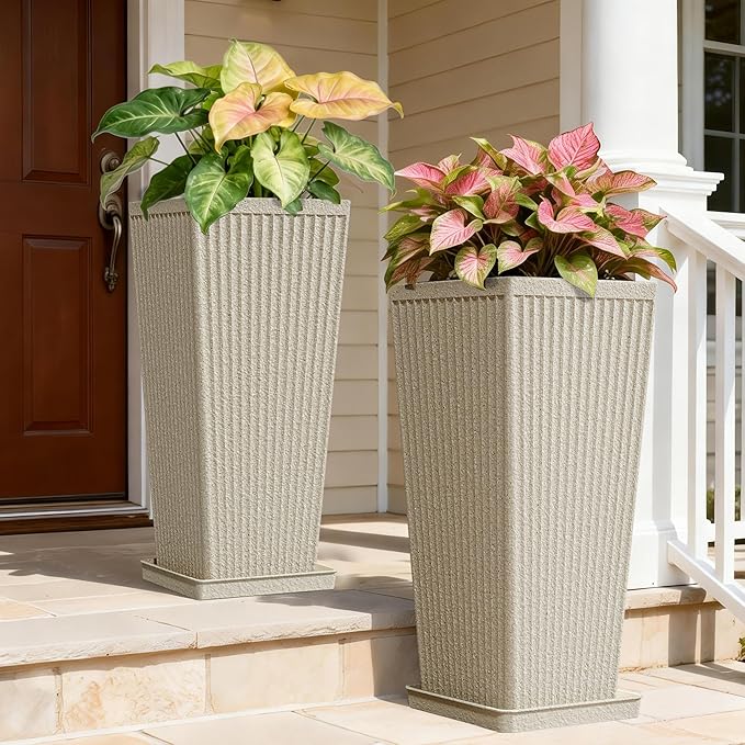 Tapered Tall Planters for Outdoor Plants 2 Pack- 23.6 Inch Heavy-Duty Classic Square Indoor Flower Pots with Drainage Holes/Partition/Tray, Large Outdoor Planters for Porch Patio, Beige