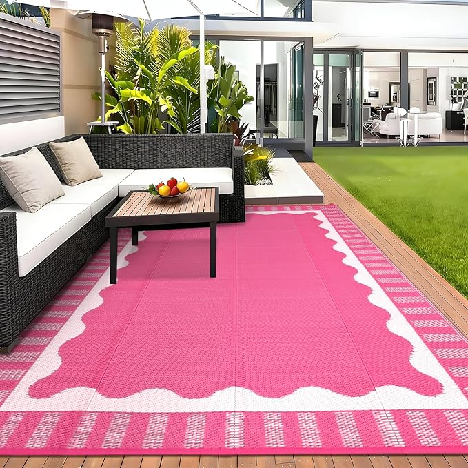 Outdoor Rug 8x10 Waterproof Patio Rugs Scalloped Border Reversible Mat for Front Door Rv Foldable Plastic Straw Carpet for Travel Trailers, Deck, Picnic, Camper, Balcony, Beach，Rose Pink