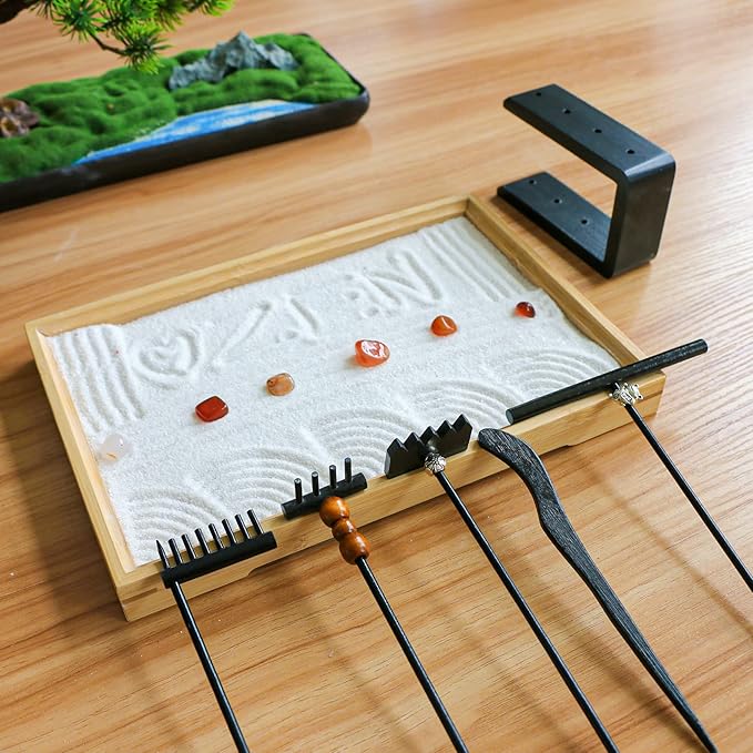 Mini Zen Garden Rake Set - 12 Piece Black Bamboo Sand Rakes with Storage Stand & 6 Crystals - Desktop Meditation Tools for Adults, Stress Relief Zen Gift