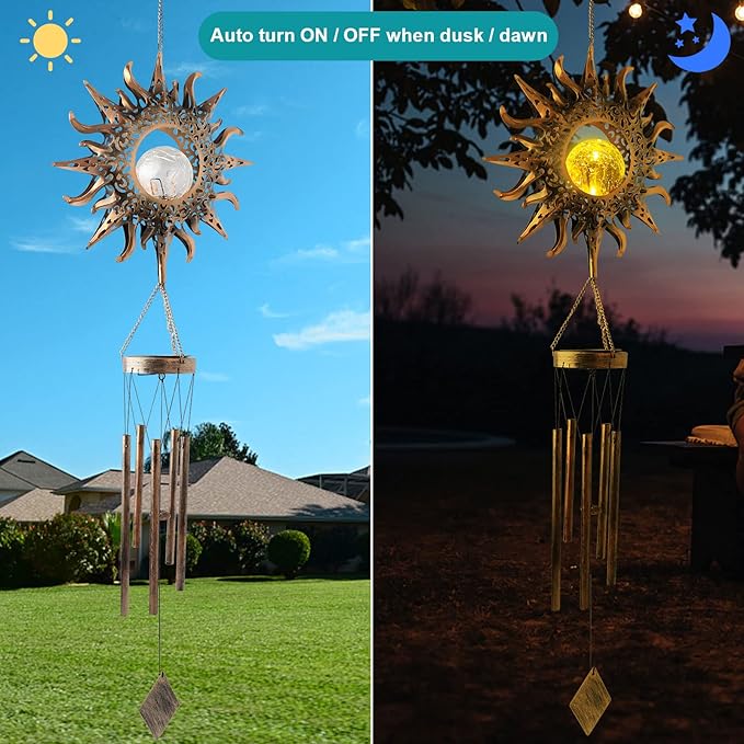 Sun Wind Chimes Solar Retro Windchimes Sympathy Gift, Gentle Chimes, Waterproof Wind-Chimes Outdoor, Outdoor Hanging Decor with Soft Sun Glow, Gifts for Grandma, Mom-Gifts, Memorial WindChimes.